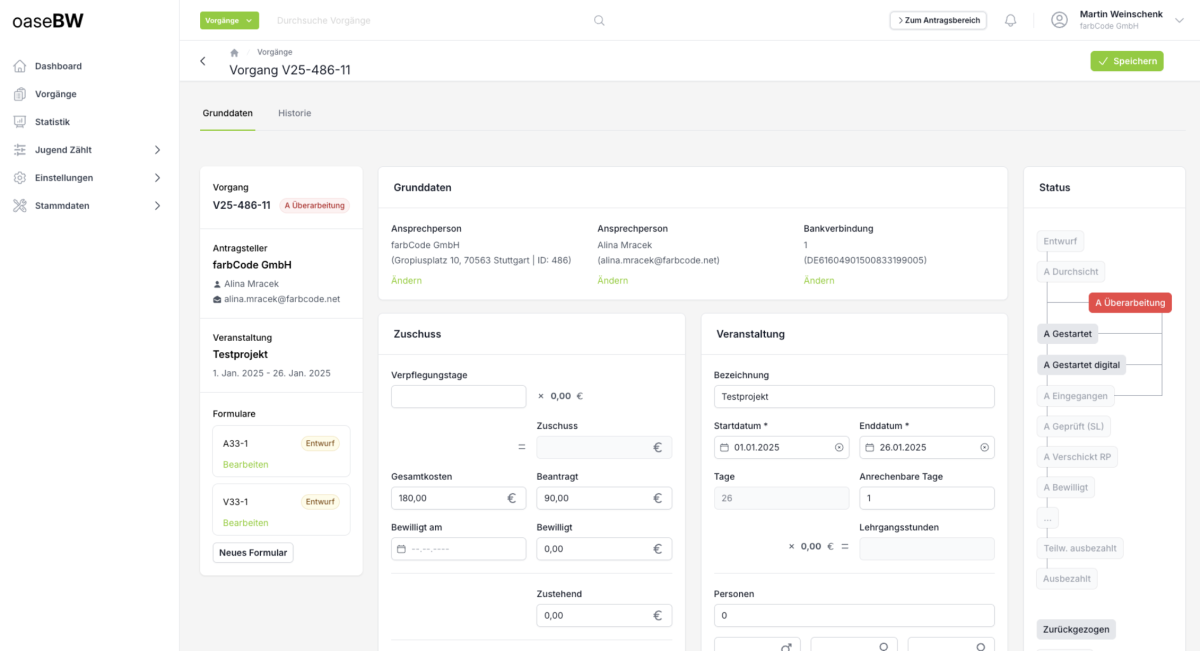 Screenshot oaseBW: Die digitale Plattform für hocheffiziente Zuschuss- und Fördermittelabwicklung