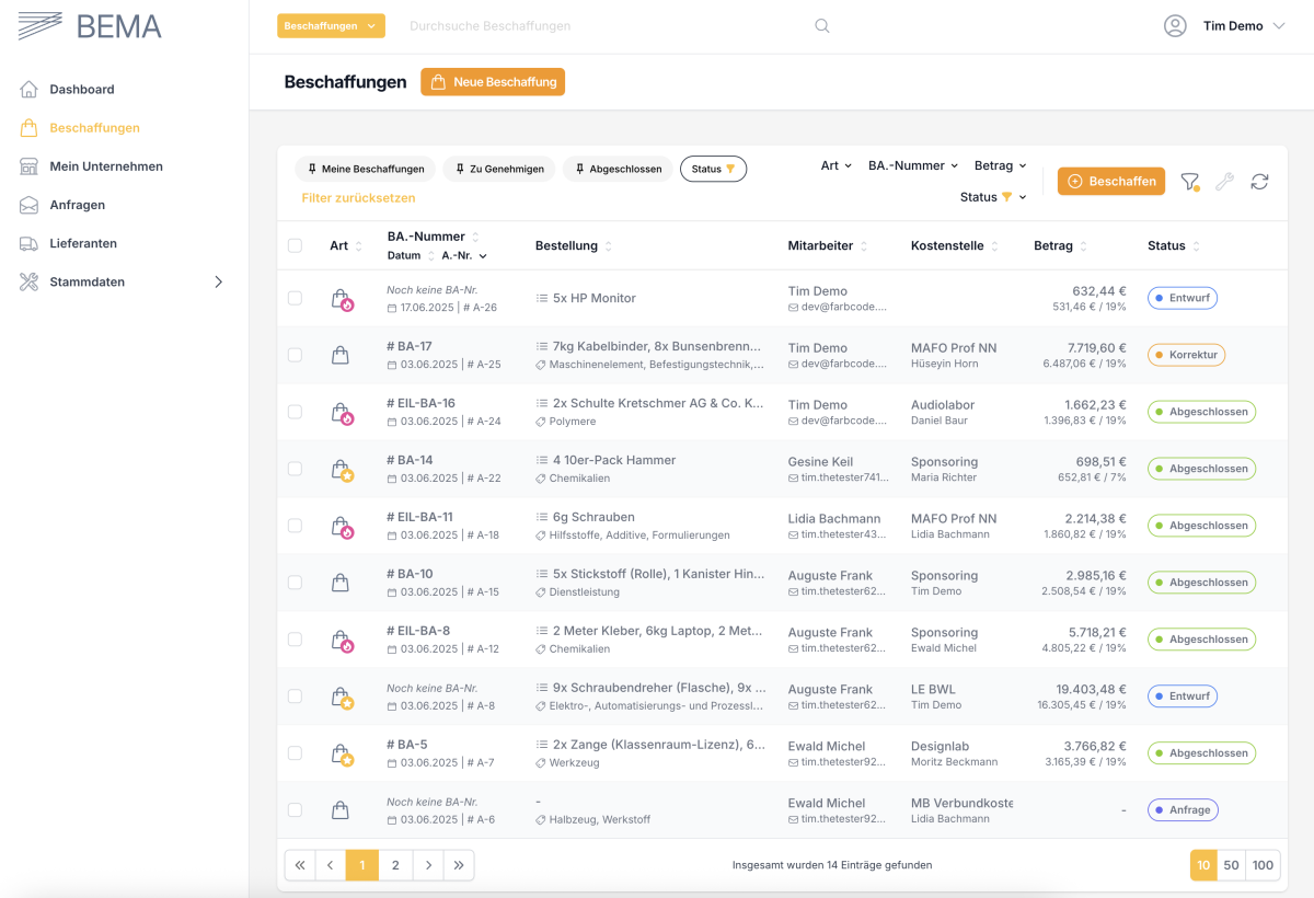 Screenshot Digitales Beschaffungssystem für Hochschulen