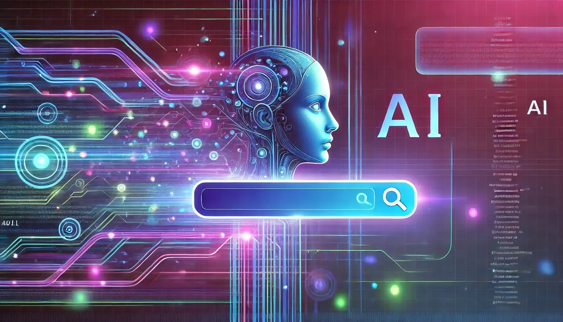 DALL E 2025 02 05 15 21 58 A futuristic illustration of an AI powered search bar hovering in a glowing digital landscape with bright neon lights and data streams A subtle silho Illustration einer KI-Suchleiste vor einer leuchtenden digitalen Landschaft