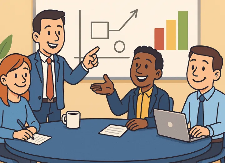 Team Meeting at Conference Table Illustration eines Teammeetings an einem Konferenztisch