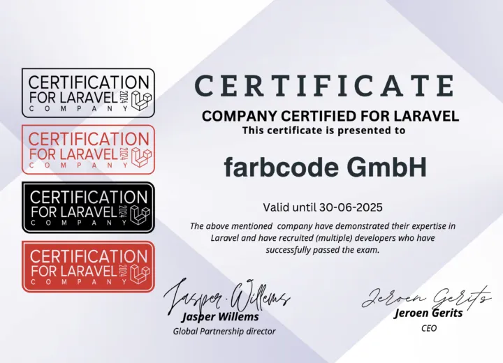 Farbcode Company Certificate for Laravel Zertifikat der farbcode GmbH als offizielle Laravel Company